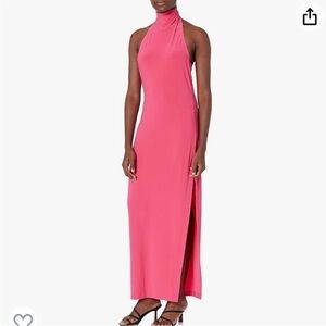 Norma Kamali halter turtleneck side slit gown orchid pink slinky jersey fabric